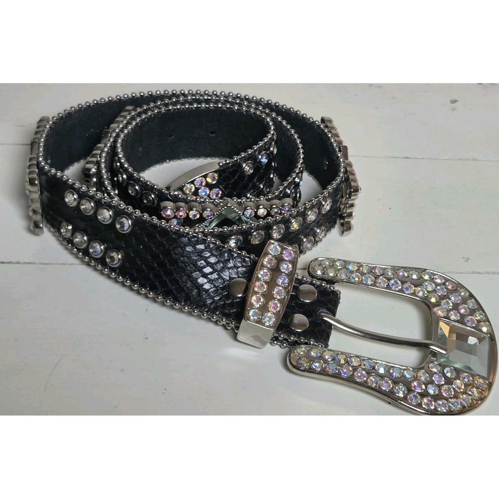 Vintaged Western Rhinestone Belt Bling Cowgirl Studded Black Faux Snake 44" Y2K